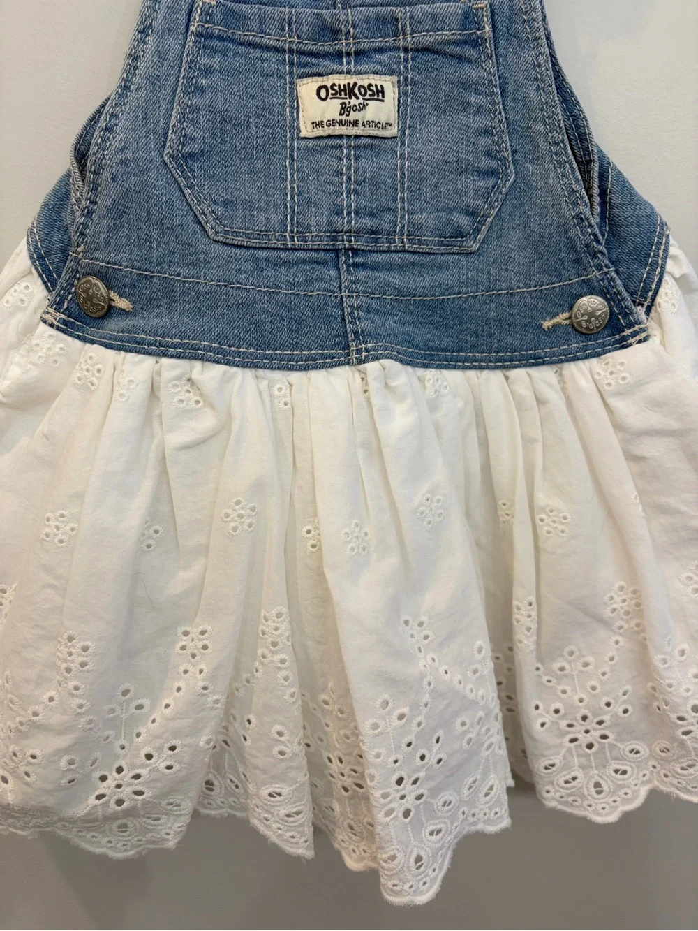 Osh Kosh B’Gosh Denim Overall Lace Dress Sz 18 Mo Vestbak White Eyelet Bottom